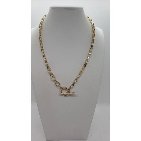Gold Tone Toggle Necklace Square Link Chain Watch Fob Chunky Bold - Picture 1 of 6